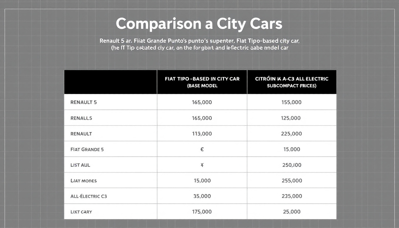 découvrez notre comparatif des tarifs des modèles renault 5, fiat grande panda et citroën ë-c3. analysez les prix et les caractéristiques de ces véhicules emblématiques pour faire le meilleur choix en fonction de votre budget et de vos besoins.