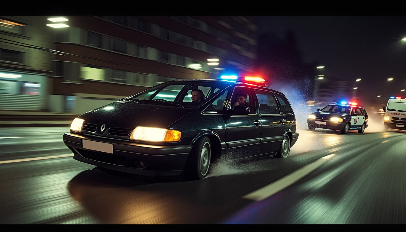 discover the incredible story of a man attempting to escape the police in a Renault Espace, despite a flat tire. an exciting tale of pursuit and determination that will keep you on the edge of your seat until the last second.