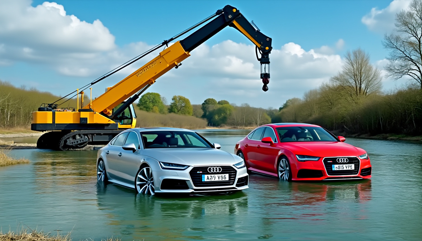 accidente espectacular en el ain: dos audi involucradas en una colisión, provocando su caída en un arroyo. se movilizó una grúa para rescatar los vehículos accidentados y asegurar la seguridad de los lugares.