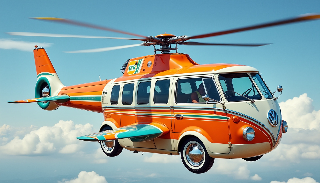 descubra um helicóptero inovador, derivado do combi, que ostenta com orgulho o famoso logo volkswagen. combinando design icônico e tecnologia moderna, este helicóptero único vai encantar os apaixonados por aviação e os admiradores do universo volkswagen.