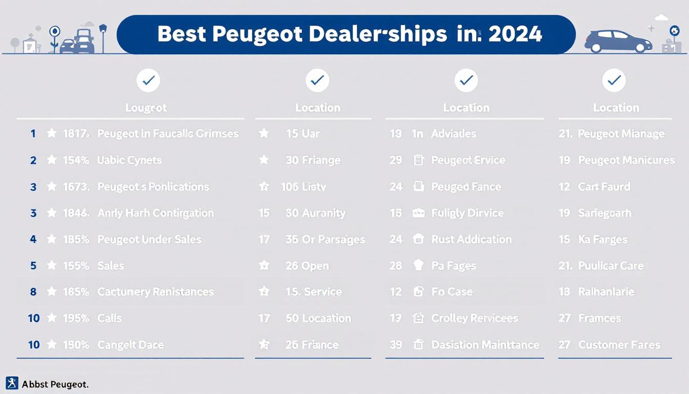 découvrez notre sélection des 10 meilleurs concessionnaires peugeot en france pour 2024. profitez de conseils d'experts, d'un service de qualité et d'offres exclusives pour trouver le concessionnaire idéal et optimiser votre expérience d'achat.