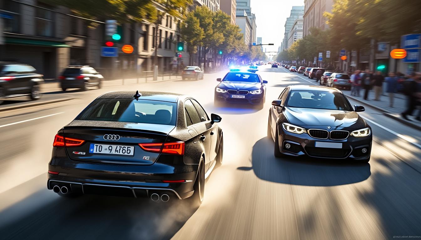 deux voitures de luxe, une audi et une bmw, prises en flagrant délit de course folle dans le trafic urbain, ont été interceptées par la police. découvrez les détails de cette intense poursuite.