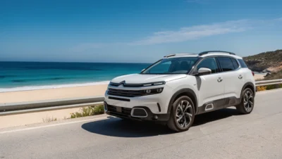 Ein Citroën C5 Aircross 2 SUV an einer sonnigen Küstenstraße.