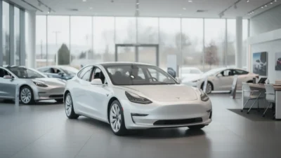 Leere Tesla-Händler mit modernen Elektrofahrzeugen.