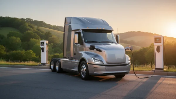 Moderner Elektro-Lkw auf einer Straße mit grüner Landschaft.