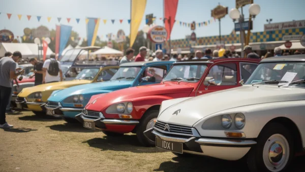 Un festival automobile avec des voitures Citroën anciennes et des foules enthousiastes.
